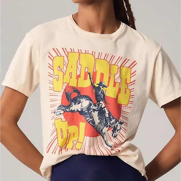Anthropologie Original Retro Brand Saddle Up Graphic Tee Shirt Peach USA Made L - Picture 1 of 10